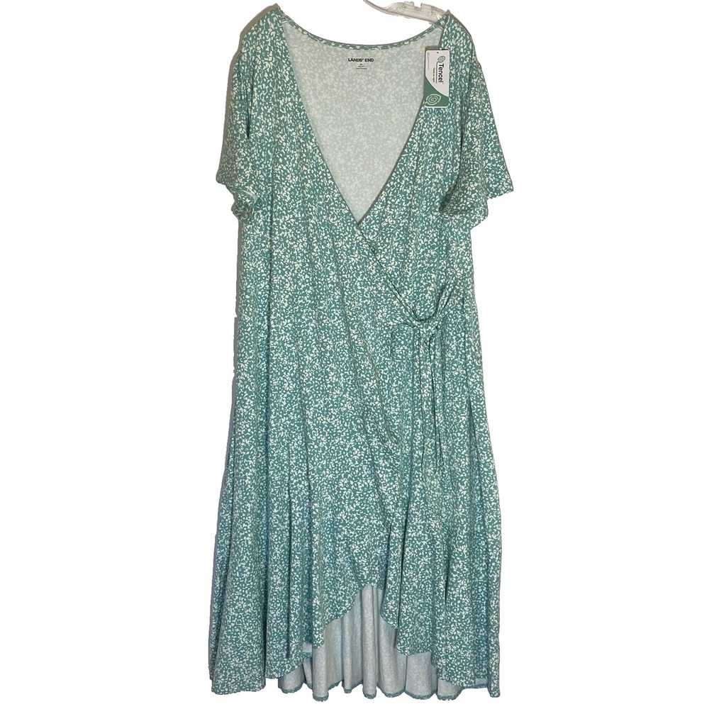 Lands End Dress Womens 2X Green Floral Ruffle Wrap Maxi Boho Prairie Flowy Tie